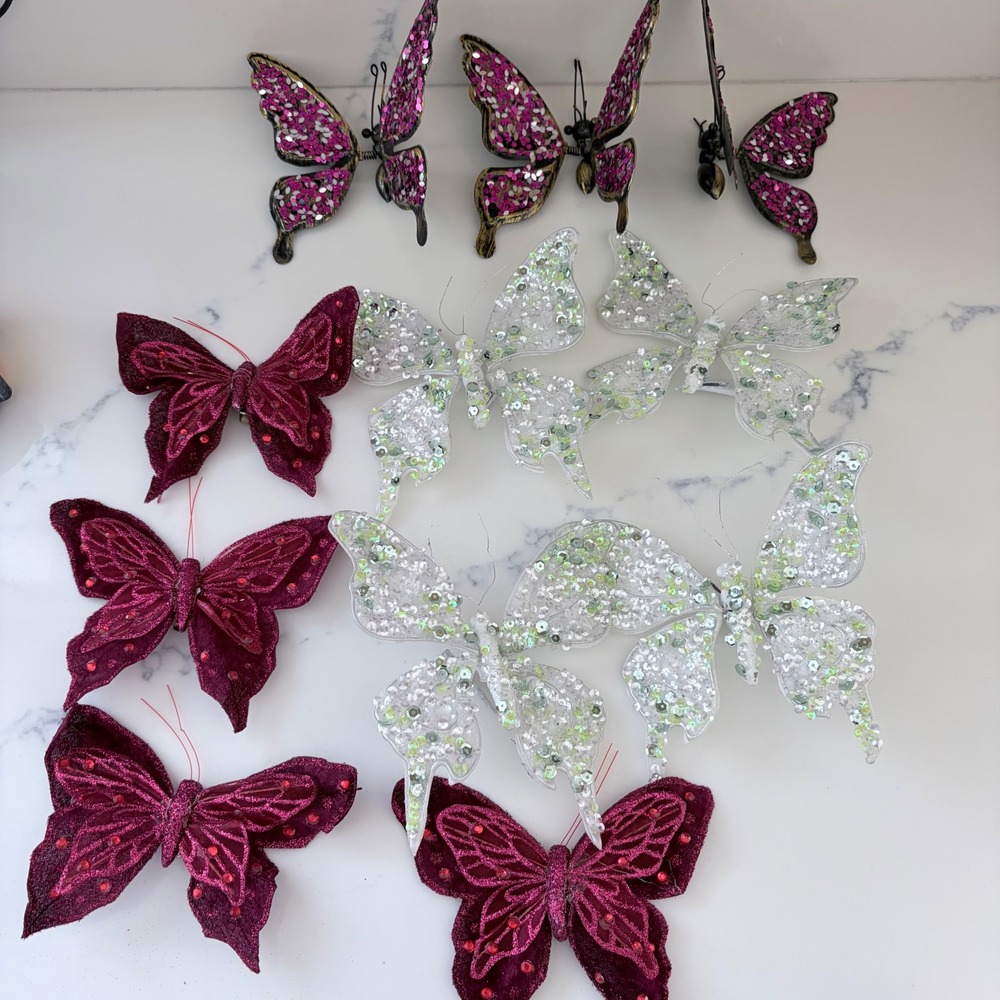 11pc Decorative Butterfly Clip Lot Sequin Velvet Rhinestone Floral Craft Decor
